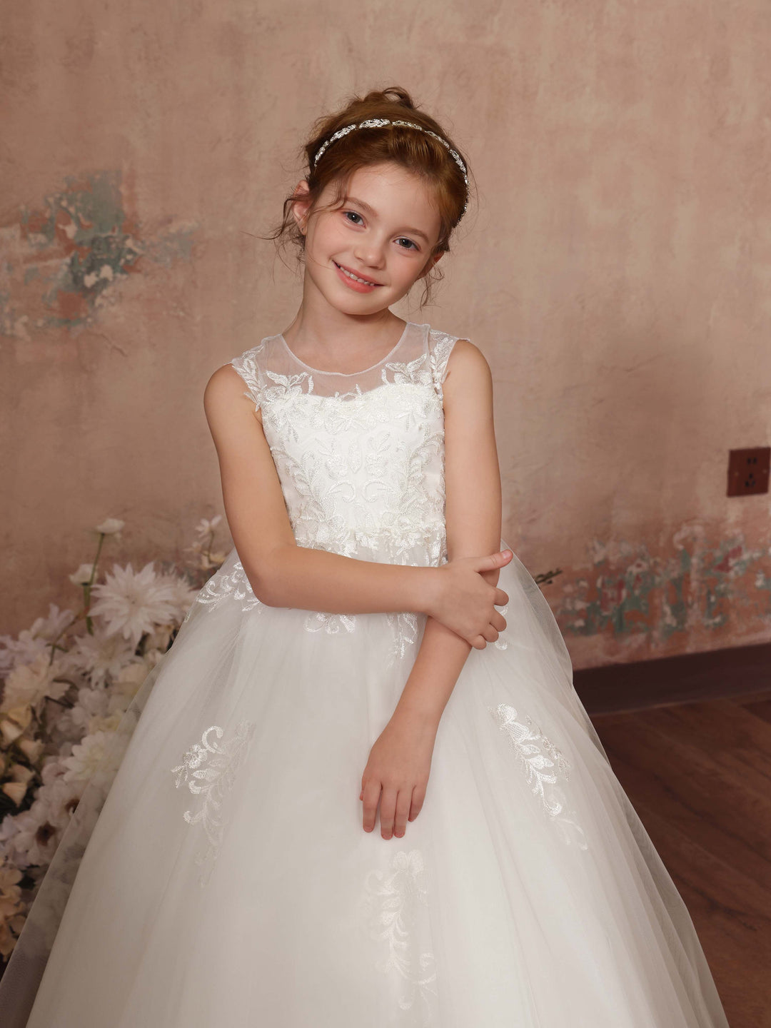 Robe de Bal en Tulle Sans Manches, Col Rond, Longueur Au Sol, Robes de Demoiselle D'Honneur