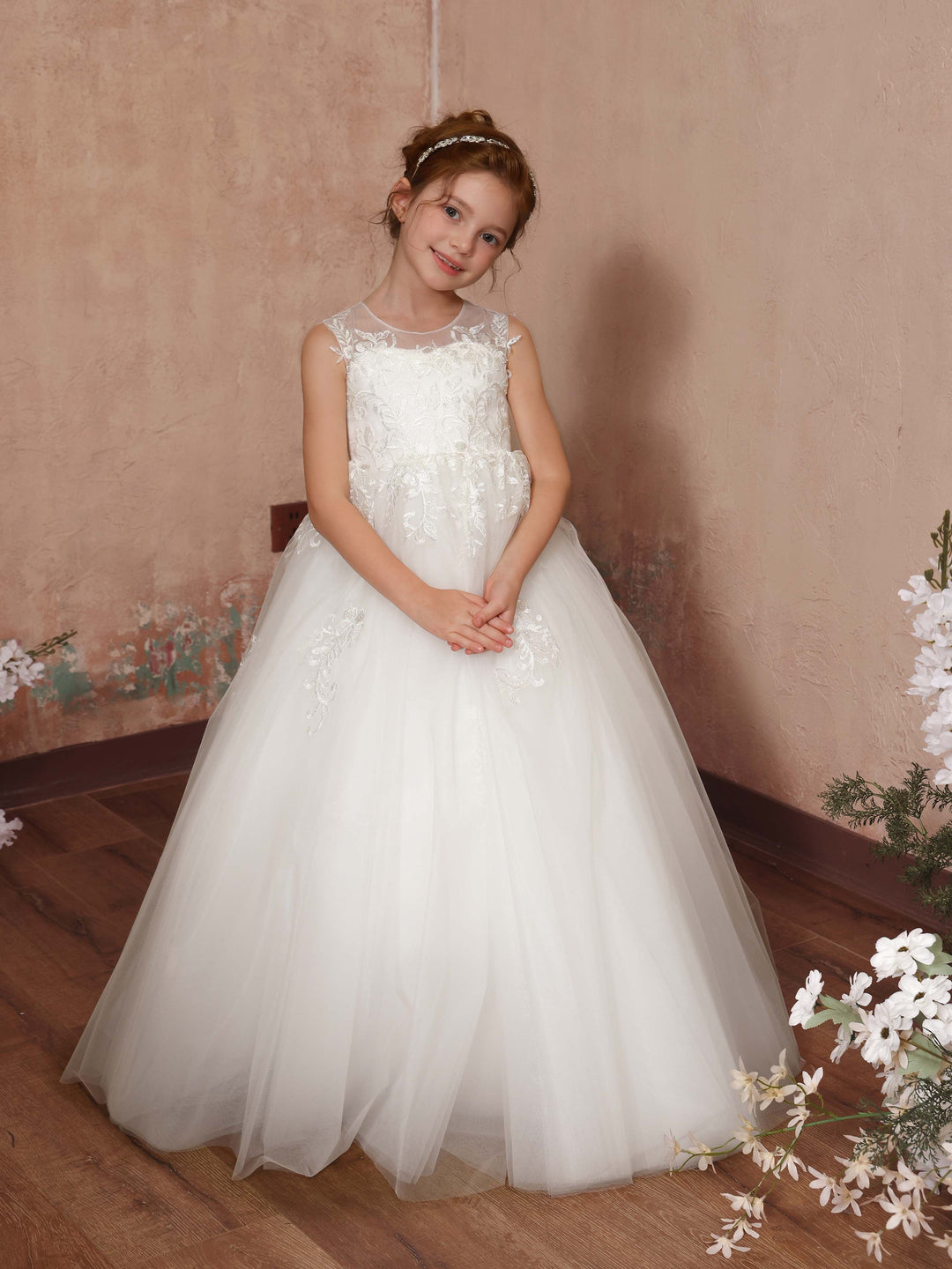 Robe de Bal en Tulle Sans Manches, Col Rond, Longueur Au Sol, Robes de Demoiselle D'Honneur