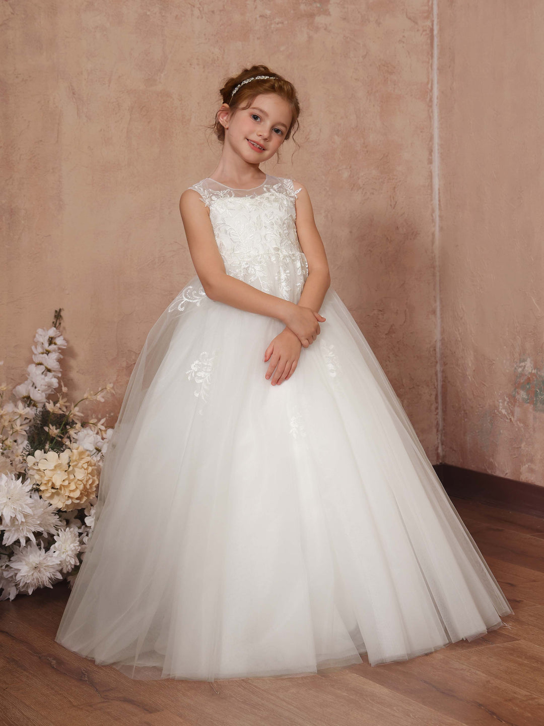 Robe de Bal en Tulle Sans Manches, Col Rond, Longueur Au Sol, Robes de Demoiselle D'Honneur