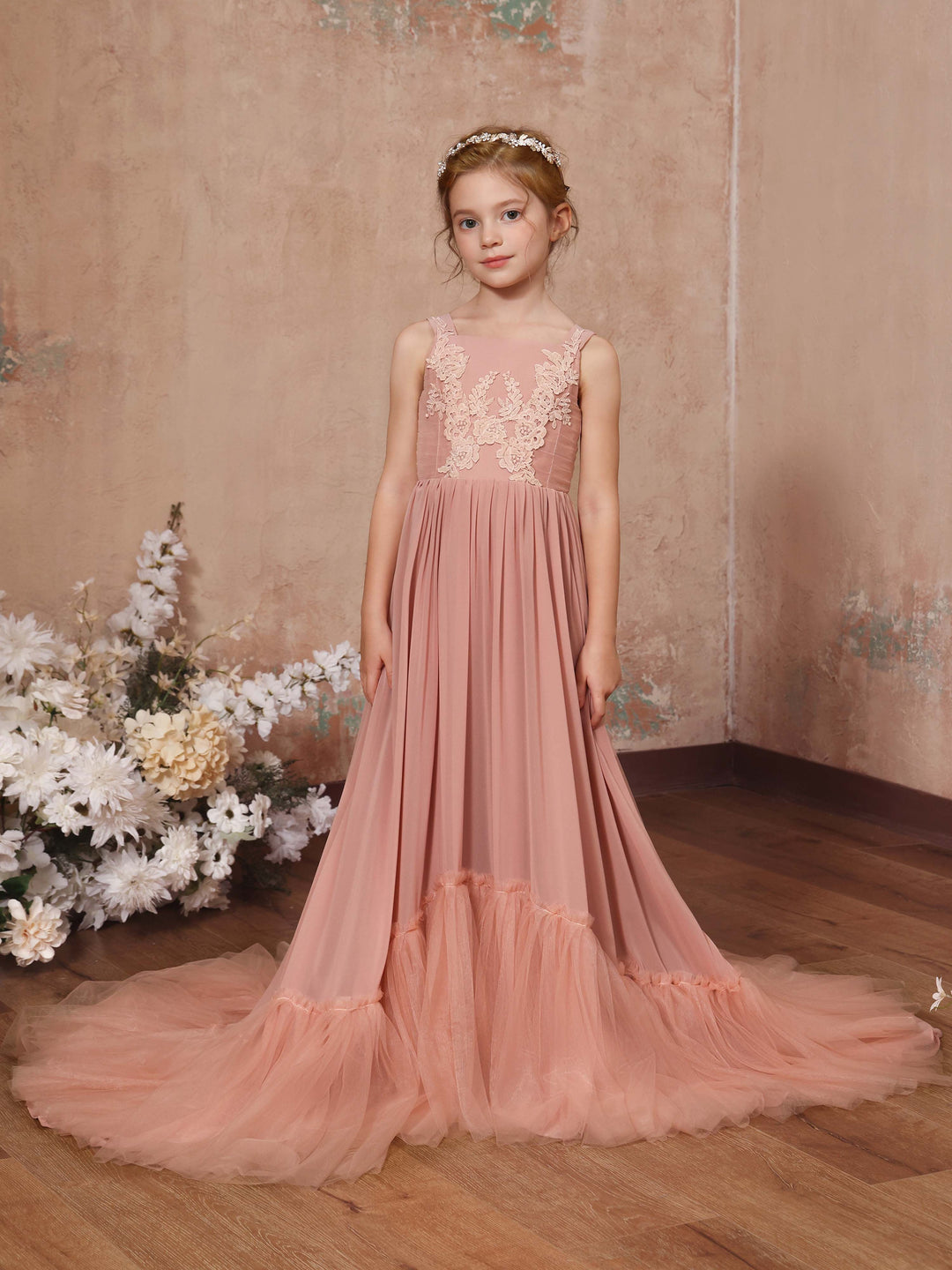 Robe de Demoiselle D'Honneur en Mousseline de Soie, Coupe A-Line/Princesse, Sans Manches, Col Carré, Longueur Au Sol