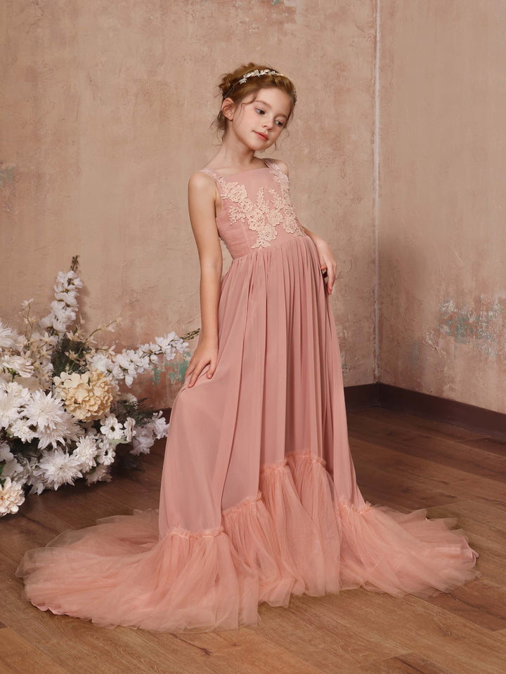 Robe de Demoiselle D'Honneur en Mousseline de Soie, Coupe A-Line/Princesse, Sans Manches, Col Carré, Longueur Au Sol