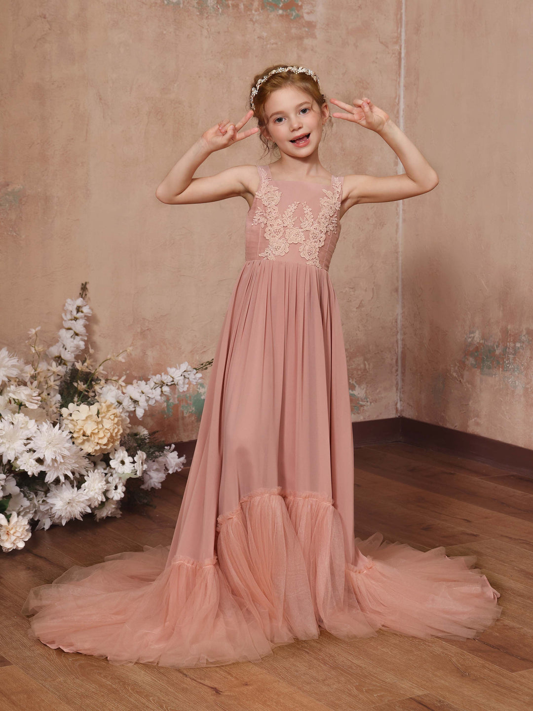 Robe de Demoiselle D'Honneur en Mousseline de Soie, Coupe A-Line/Princesse, Sans Manches, Col Carré, Longueur Au Sol
