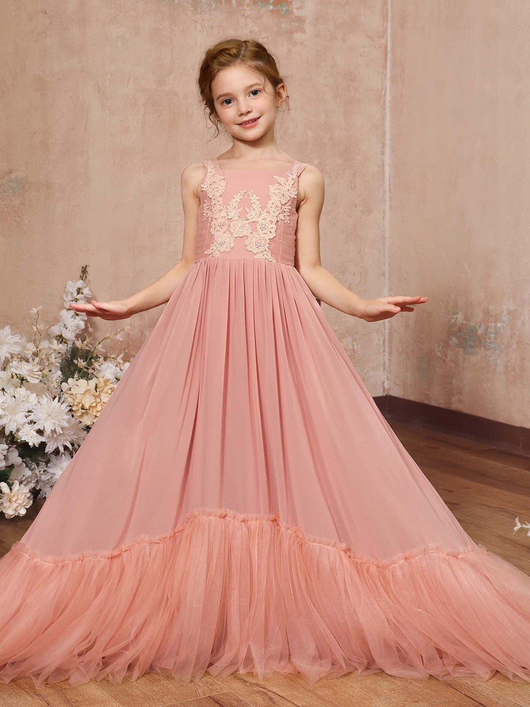 Robe de Demoiselle D'Honneur en Mousseline de Soie, Coupe A-Line/Princesse, Sans Manches, Col Carré, Longueur Au Sol