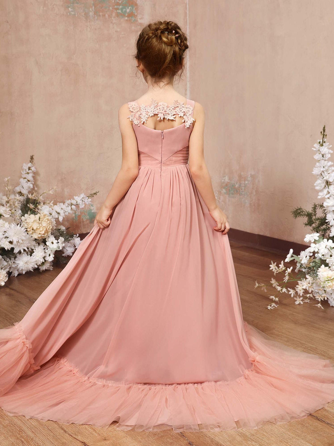 Robe de Demoiselle D'Honneur en Mousseline de Soie, Coupe A-Line/Princesse, Sans Manches, Col Carré, Longueur Au Sol