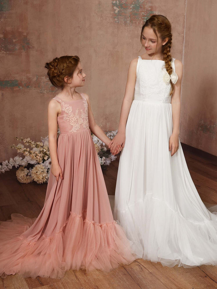 Robe de Demoiselle D'Honneur en Mousseline de Soie, Coupe A-Line/Princesse, Sans Manches, Col Carré, Longueur Au Sol