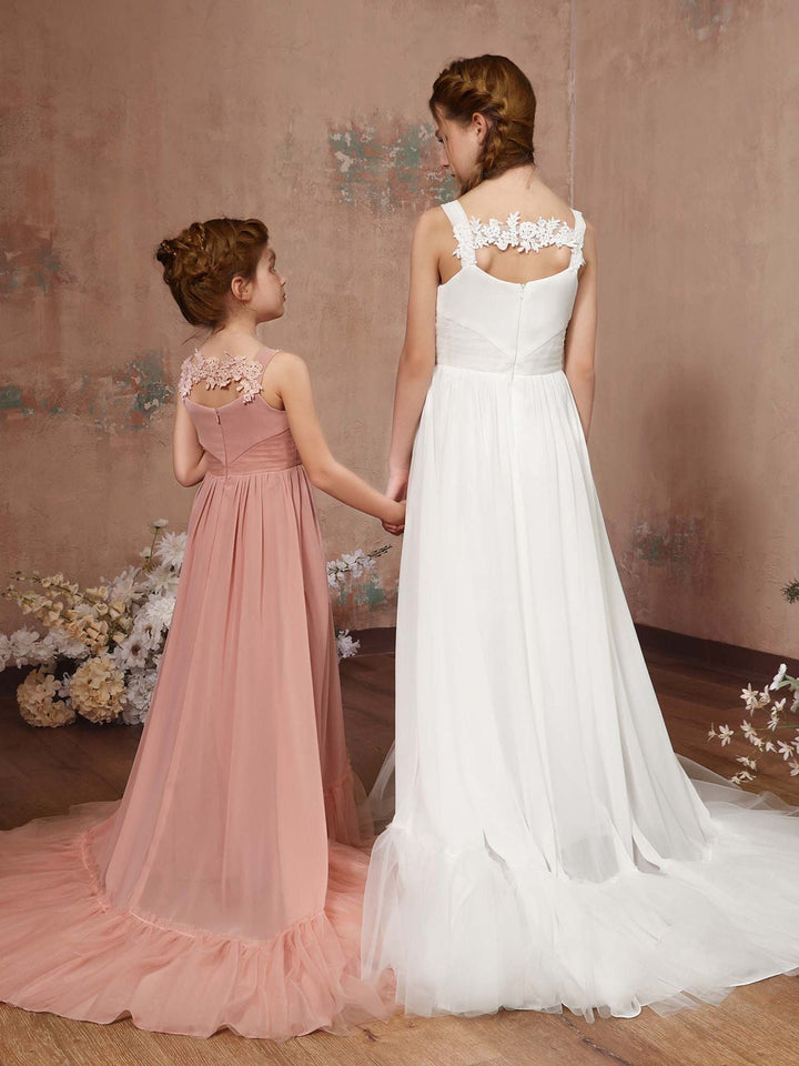 Robe de Demoiselle D'Honneur en Mousseline de Soie, Coupe A-Line/Princesse, Sans Manches, Col Carré, Longueur Au Sol