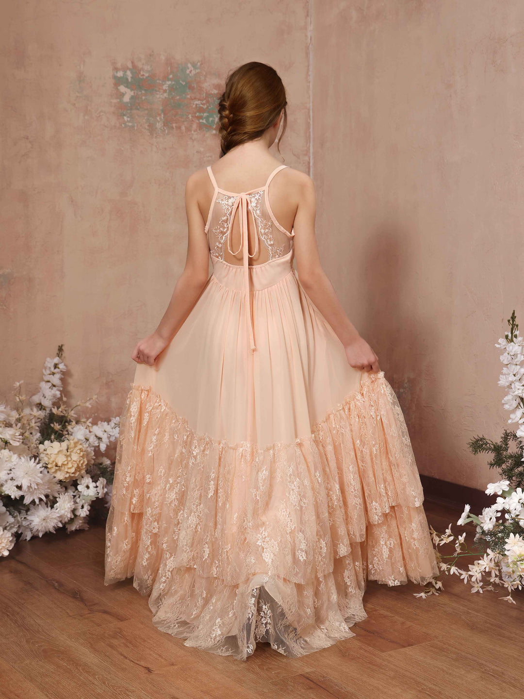 Robe de Demoiselle D'Honneur en Mousseline de Soie, Coupe A-Line/Princesse, Sans Manches, Col Rond, Longueur Au Sol