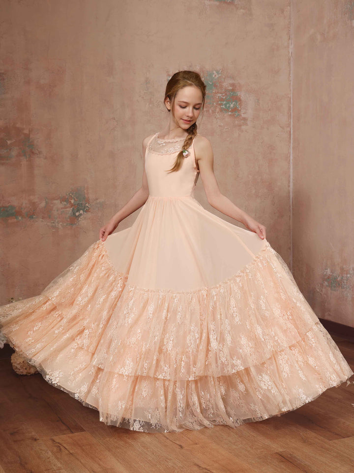 Robe de Demoiselle D'Honneur en Mousseline de Soie, Coupe A-Line/Princesse, Sans Manches, Col Rond, Longueur Au Sol