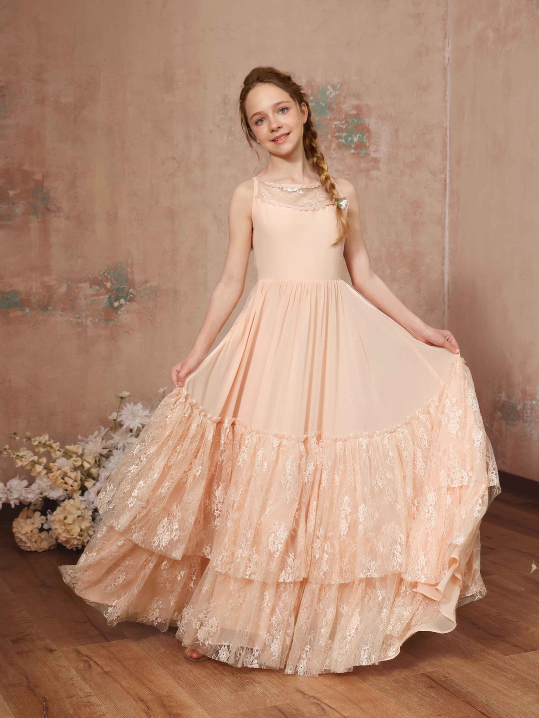 Robe de Demoiselle D'Honneur en Mousseline de Soie, Coupe A-Line/Princesse, Sans Manches, Col Rond, Longueur Au Sol