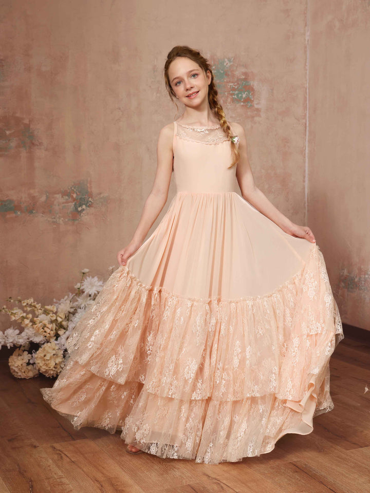 Robe de Demoiselle D'Honneur en Mousseline de Soie, Coupe A-Line/Princesse, Sans Manches, Col Rond, Longueur Au Sol