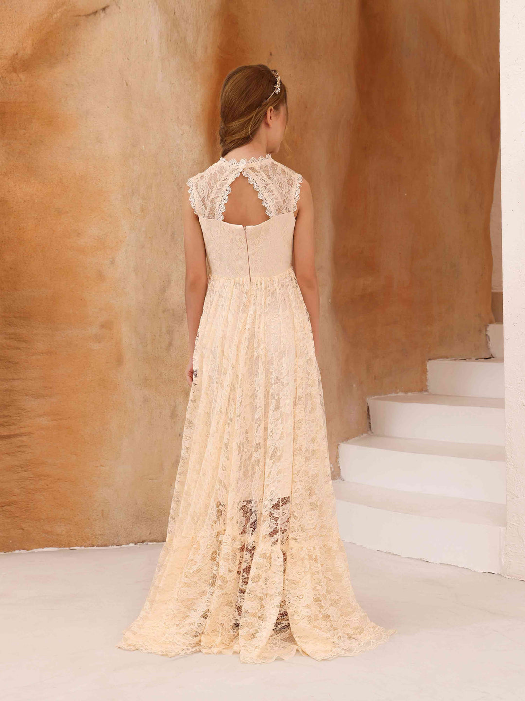 Robe de Demoiselle D'Honneur en Dentelle, Coupe A-Line/Princesse, Sans Manches, Col Rond, Longueur Au Sol