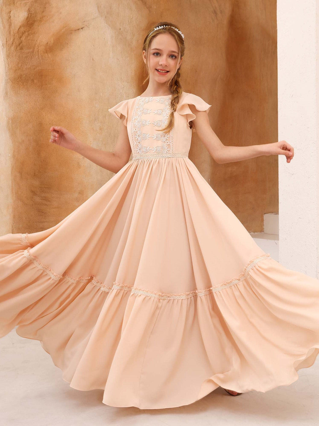 Robe de Demoiselle D'Honneur en Mousseline de Soie à Manches Courtes et Col Rond, Coupe A-Line/Princess, Longueur Au Sol