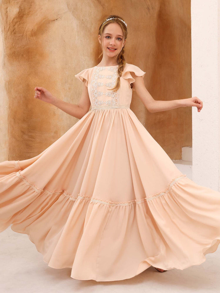 Robe de Demoiselle D'Honneur en Mousseline de Soie à Manches Courtes et Col Rond, Coupe A-Line/Princess, Longueur Au Sol