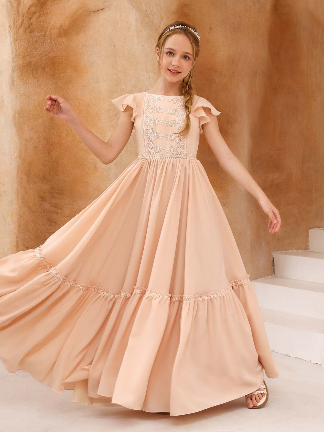 Robe de Demoiselle D'Honneur en Mousseline de Soie à Manches Courtes et Col Rond, Coupe A-Line/Princess, Longueur Au Sol