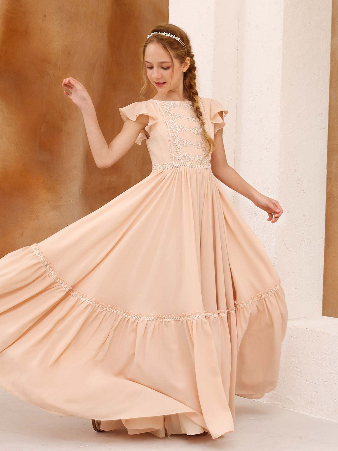 Robe de Demoiselle D'Honneur en Mousseline de Soie à Manches Courtes et Col Rond, Coupe A-Line/Princess, Longueur Au Sol