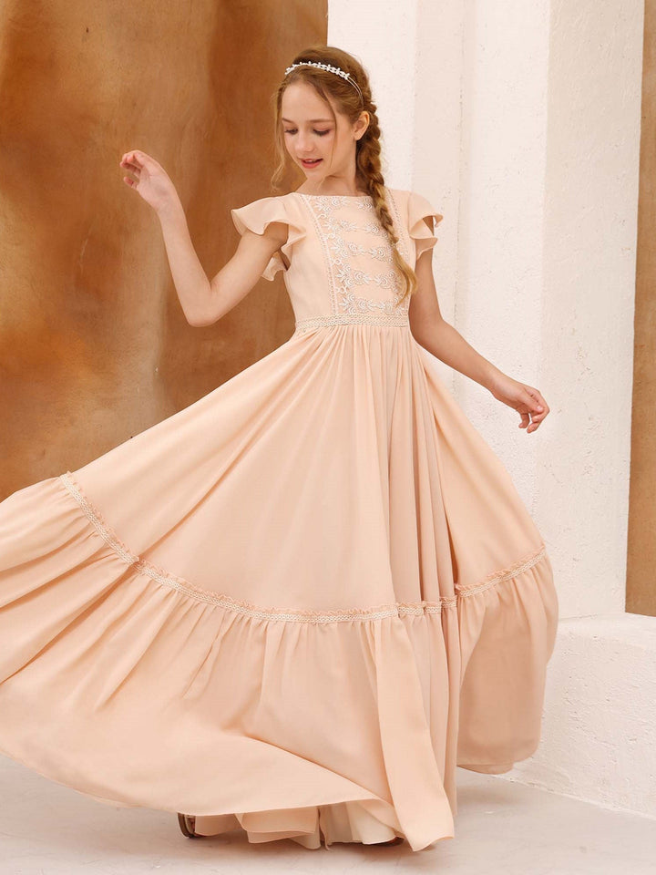 Robe de Demoiselle D'Honneur en Mousseline de Soie à Manches Courtes et Col Rond, Coupe A-Line/Princess, Longueur Au Sol