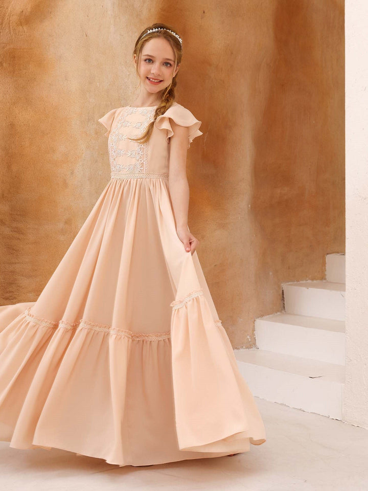 Robe de Demoiselle D'Honneur en Mousseline de Soie à Manches Courtes et Col Rond, Coupe A-Line/Princess, Longueur Au Sol