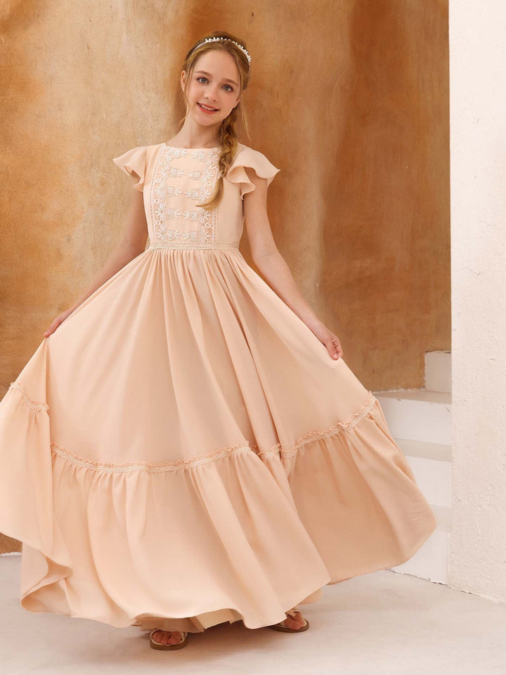 Robe de Demoiselle D'Honneur en Mousseline de Soie à Manches Courtes et Col Rond, Coupe A-Line/Princess, Longueur Au Sol