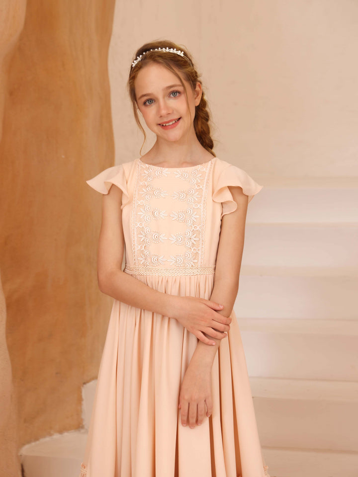 Robe de Demoiselle D'Honneur en Mousseline de Soie à Manches Courtes et Col Rond, Coupe A-Line/Princess, Longueur Au Sol