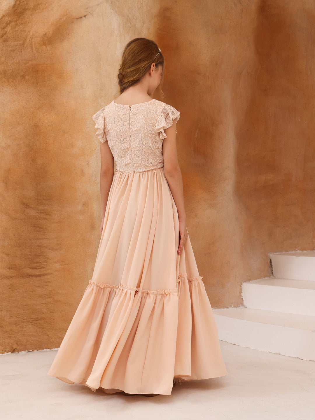 Robe de Demoiselle D'Honneur en Dentelle à Manches Courtes et Col Rond, Coupe A-Line/Princess, Longueur Au Sol