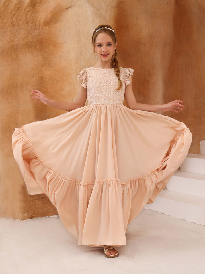 Robe de Demoiselle D'Honneur en Dentelle à Manches Courtes et Col Rond, Coupe A-Line/Princess, Longueur Au Sol