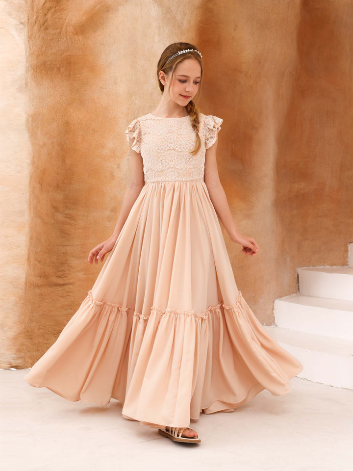 Robe de Demoiselle D'Honneur en Dentelle à Manches Courtes et Col Rond, Coupe A-Line/Princess, Longueur Au Sol