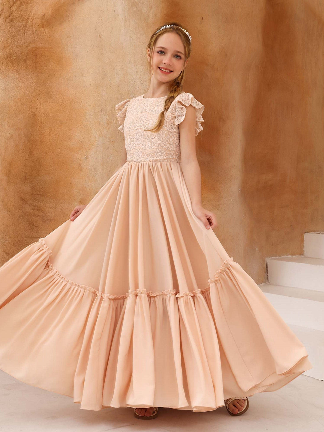 Robe de Demoiselle D'Honneur en Dentelle à Manches Courtes et Col Rond, Coupe A-Line/Princess, Longueur Au Sol
