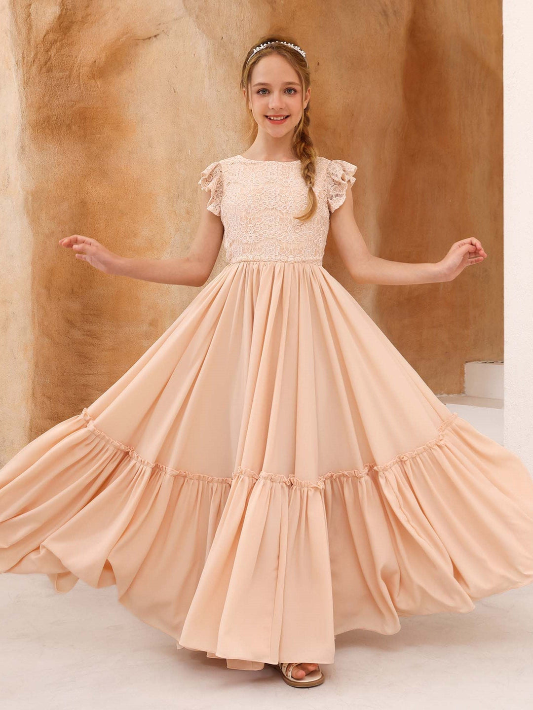 Robe de Demoiselle D'Honneur en Dentelle à Manches Courtes et Col Rond, Coupe A-Line/Princess, Longueur Au Sol
