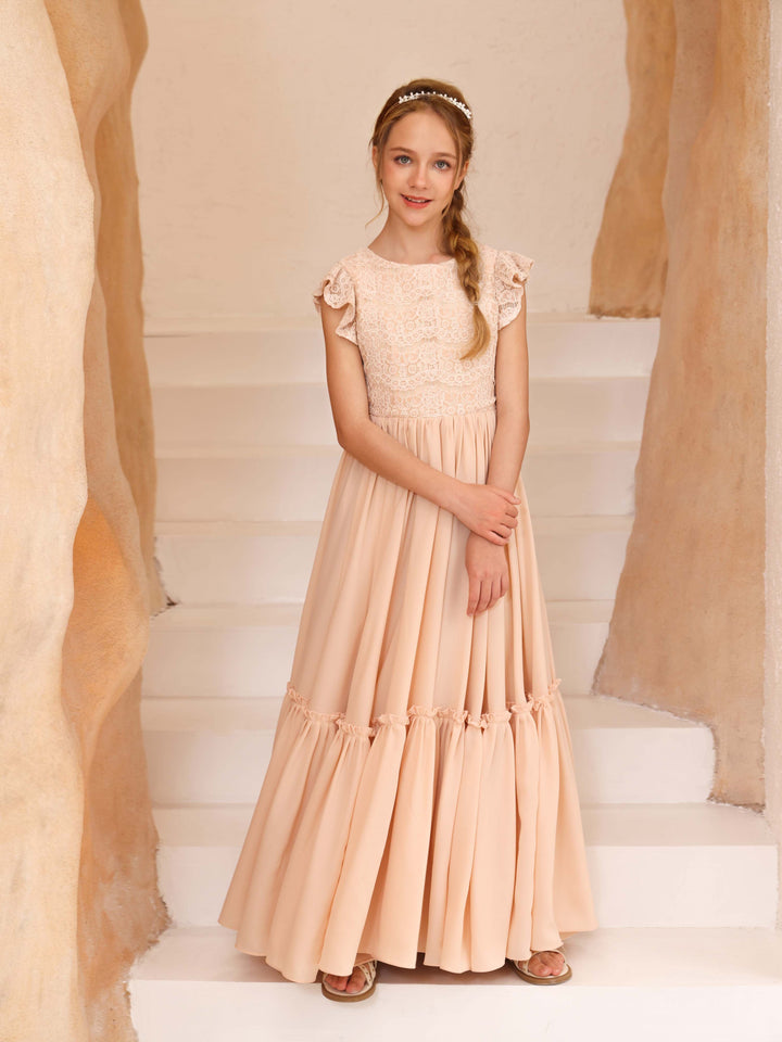 Robe de Demoiselle D'Honneur en Dentelle à Manches Courtes et Col Rond, Coupe A-Line/Princess, Longueur Au Sol