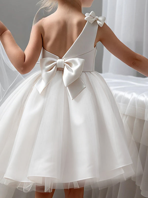Robe de Demoiselle D'Honneur en Satin, Coupe A-Line/Princess, Asymétrique, Sans Manches, Longueur Genou, Nœud(S)