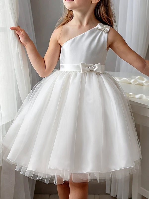 Robe de Demoiselle D'Honneur en Satin, Coupe A-Line/Princess, Asymétrique, Sans Manches, Longueur Genou, Nœud(S)