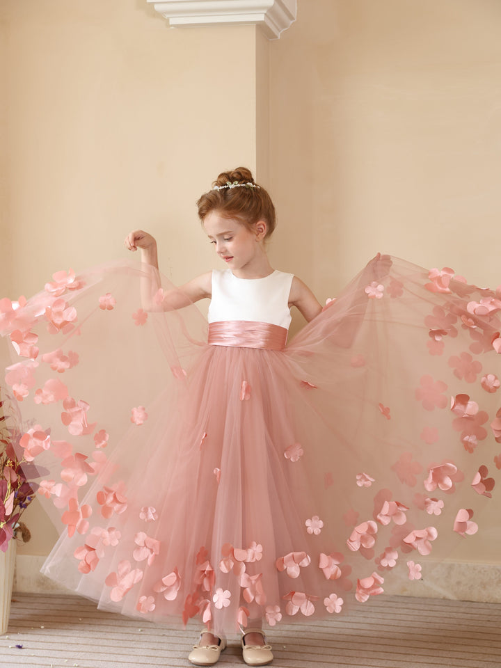 Robe de Bal en Satin Tulle à Encolure Dégagée Sans Manches Longueur Cheville Robes de Demoiselle D'Honneur avec Fleur