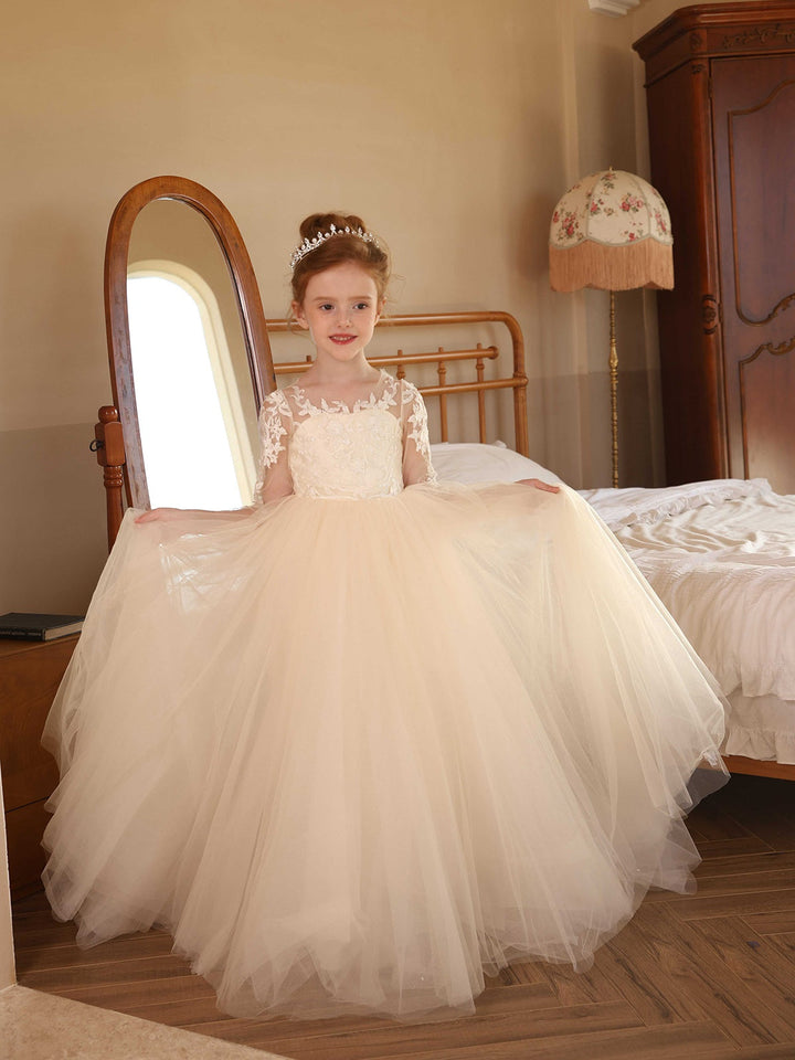 Robe de Bal en Tulle à Manches Longues et Col Rond, Longueur Au Sol, avec Dentelle