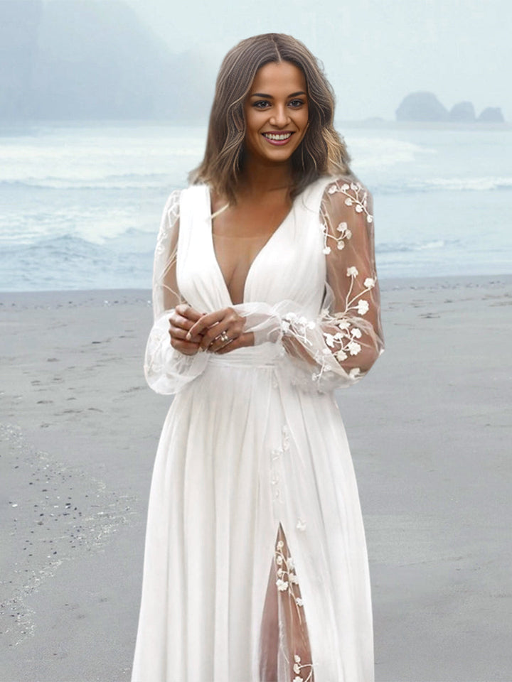 Robe de Mariée Longue Au Sol à Col en V et Coupe A-Line/Princesse