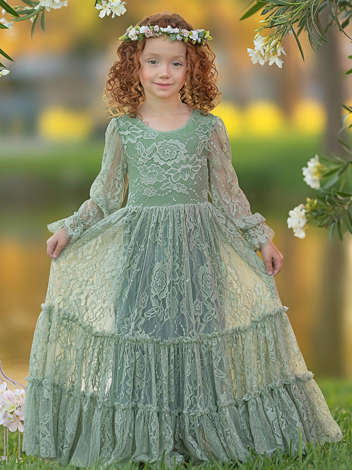 Robe de Demoiselle D'Honneur Bohème Vert Sauge en Dentelle Longueur Cheville