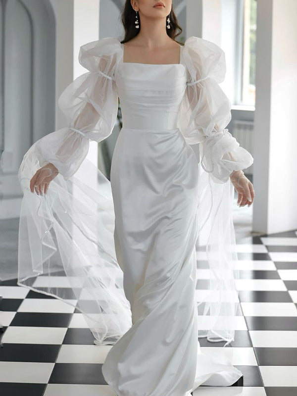 Robe de Mariée Fourreau/Colonne Encolure Carrée Manches Longues Traîne à Balayage en Mousseline de Soie Satinée