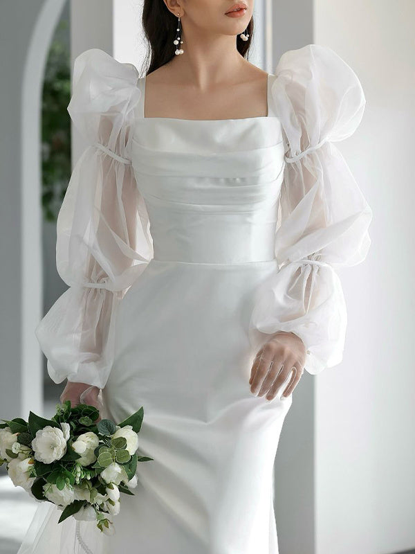 Robe de Mariée Fourreau/Colonne Encolure Carrée Manches Longues Traîne à Balayage en Mousseline de Soie Satinée