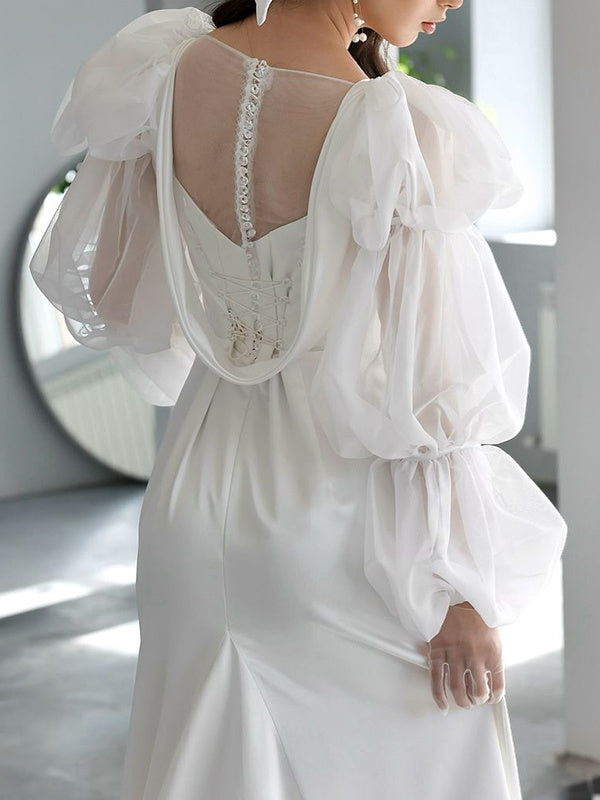 Robe de Mariée Fourreau/Colonne Encolure Carrée Manches Longues Traîne à Balayage en Mousseline de Soie Satinée