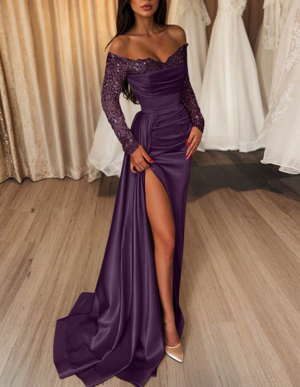 Robe de Bal Longue Fourreau/Colonne à Épaules Dénudées avec Fente Latérale et Paillettes