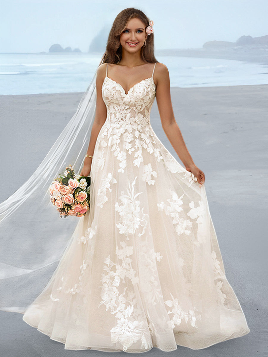 Robe de Mariée Trapèze/Princesse à Bretelles Spaghetti et Longueur Au Sol avec Appliques
