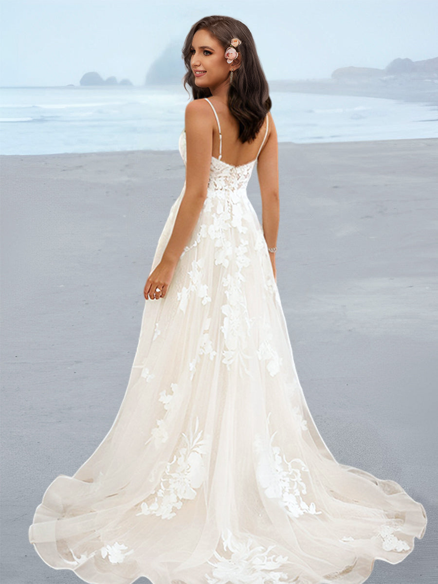 Robe de Mariée Trapèze/Princesse à Bretelles Spaghetti et Longueur Au Sol avec Appliques