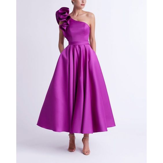 Robe de Bal Trapèze/Princesse à Une Épaule et Longueur Thé