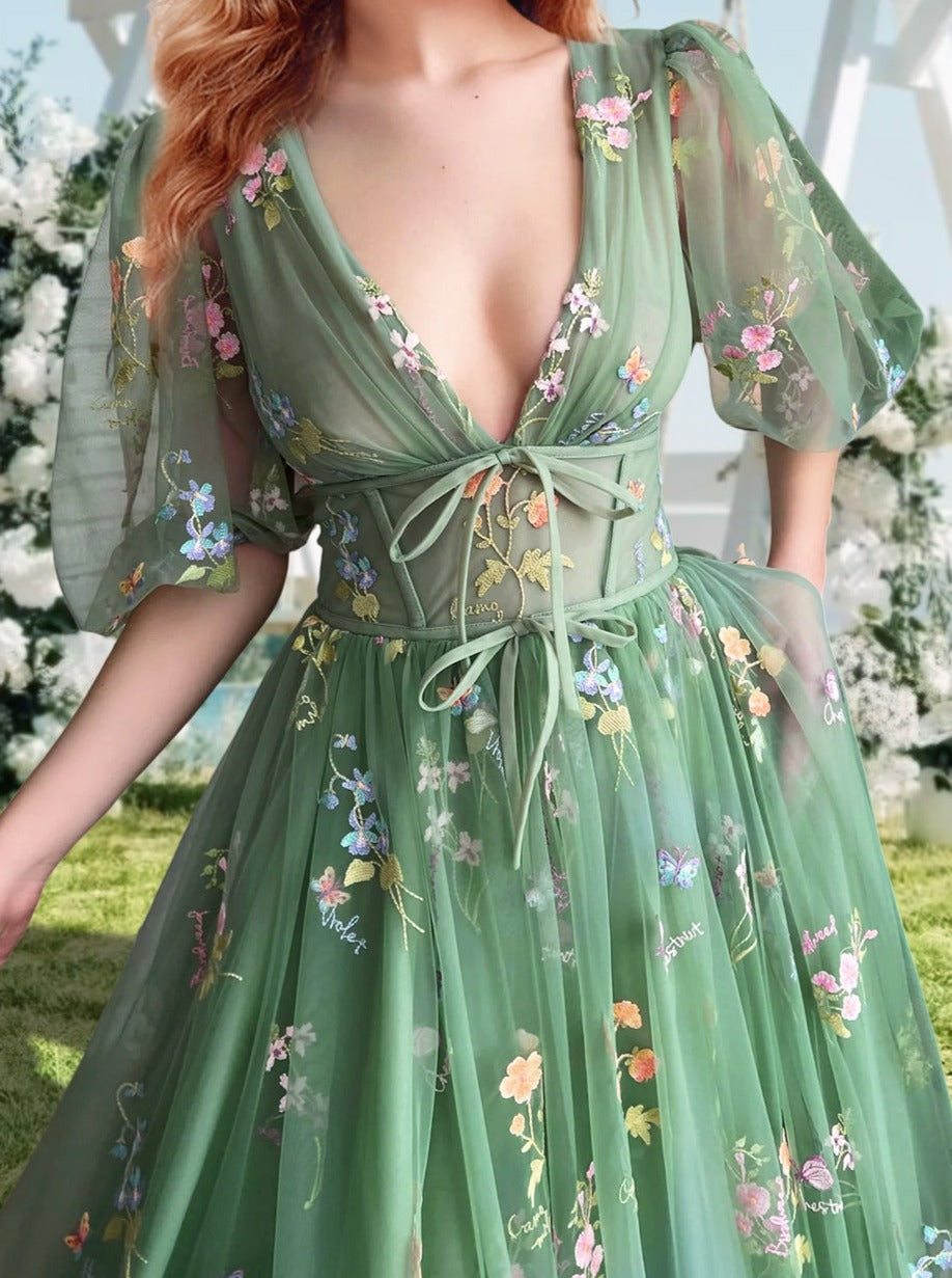 Robe de Bal Longue à Fleurs, Coupe A-Line/Princesse, Col en V, Manches Courtes, Motif Floral