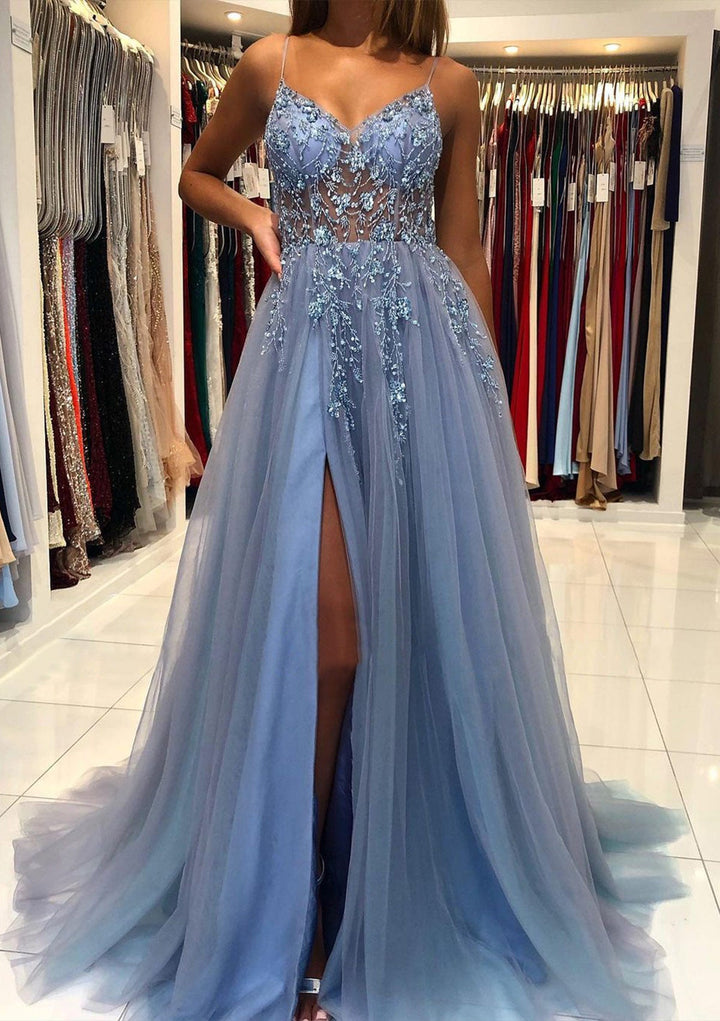 Robe de Bal Longue à Bretelles Spaghetti et Col en V, Coupe A-Line/Princesse, avec Fente Sur le Côté