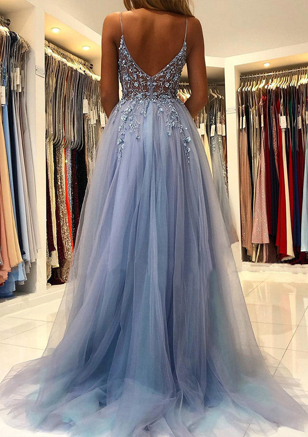 Robe de Bal Longue à Bretelles Spaghetti et Col en V, Coupe A-Line/Princesse, avec Fente Sur le Côté