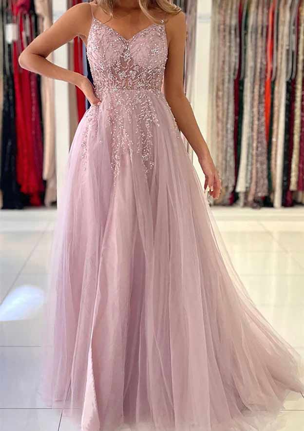 Robe de Bal Longue à Bretelles Spaghetti et Col en V, Coupe A-Line/Princesse, avec Fente Sur le Côté