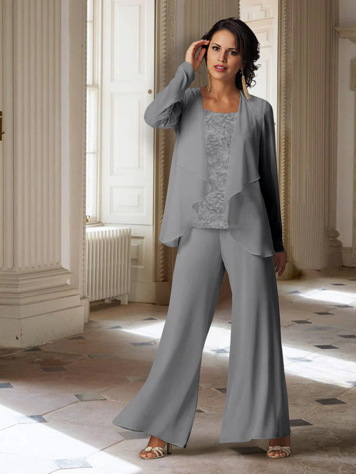 Tailleur-Pantalon en Mousseline à Manches Longues pour Mère de la Mariée avec Veste
