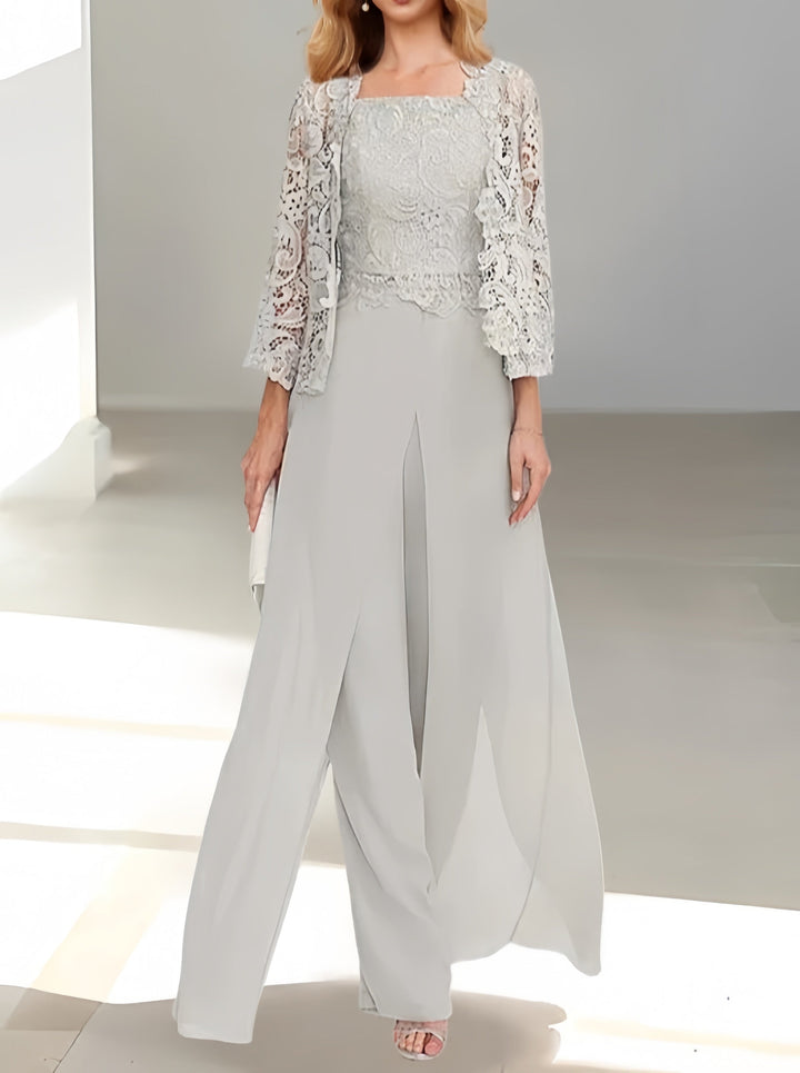 Tailleur-Pantalon en Mousseline à Col Carré et Longueur Au Sol pour Mère de la Mariée avec Veste et Fente Sur le Côté