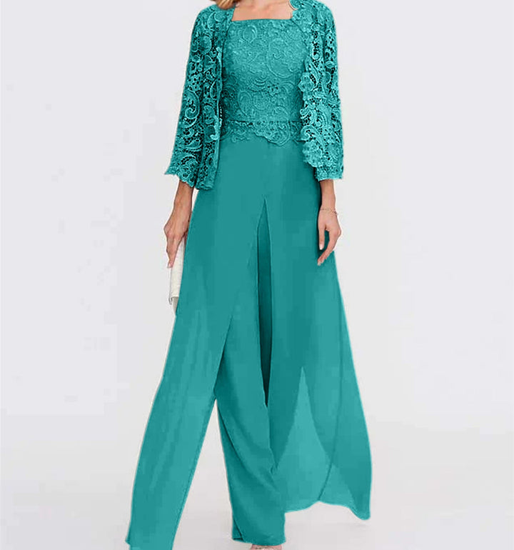 Tailleur-Pantalon en Mousseline à Col Carré et Longueur Au Sol pour Mère de la Mariée avec Veste et Fente Sur le Côté