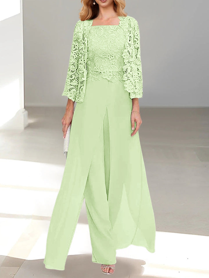 Tailleur-Pantalon en Mousseline à Col Carré et Longueur Au Sol pour Mère de la Mariée avec Veste et Fente Sur le Côté